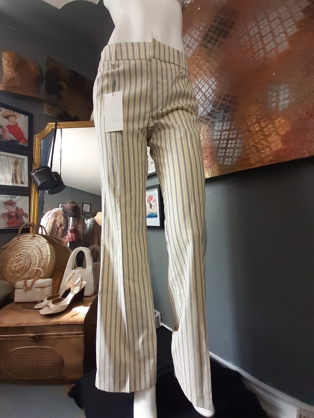 Nwt Zara Striped Low-Waist Wide-Leg Pants in Cream And Navy